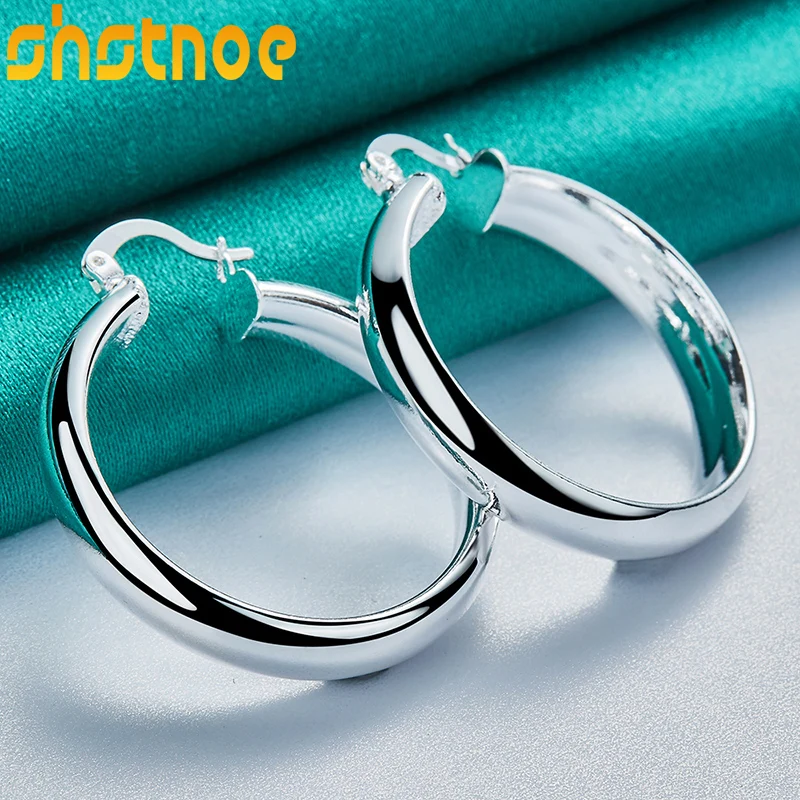 925 Sterling Silver 35mm Okrągłe gładkie kolczyki kółka dla kobiet Zaręczyny Ślub Prezent urodzinowy Biżuteria z urokiem mody
