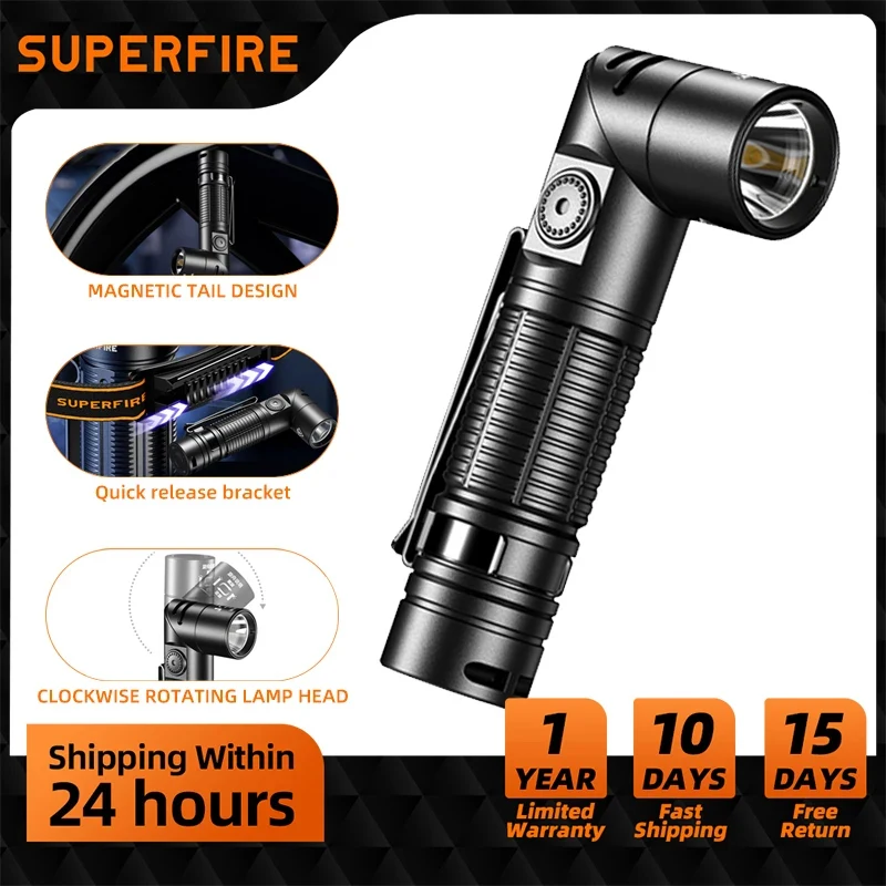 SUPERFIRE G19-S Magnetic Rechargeable Flashlight with Magnet Adjustable Base Magnetic tail design 90°adjustable angle Head Lamp