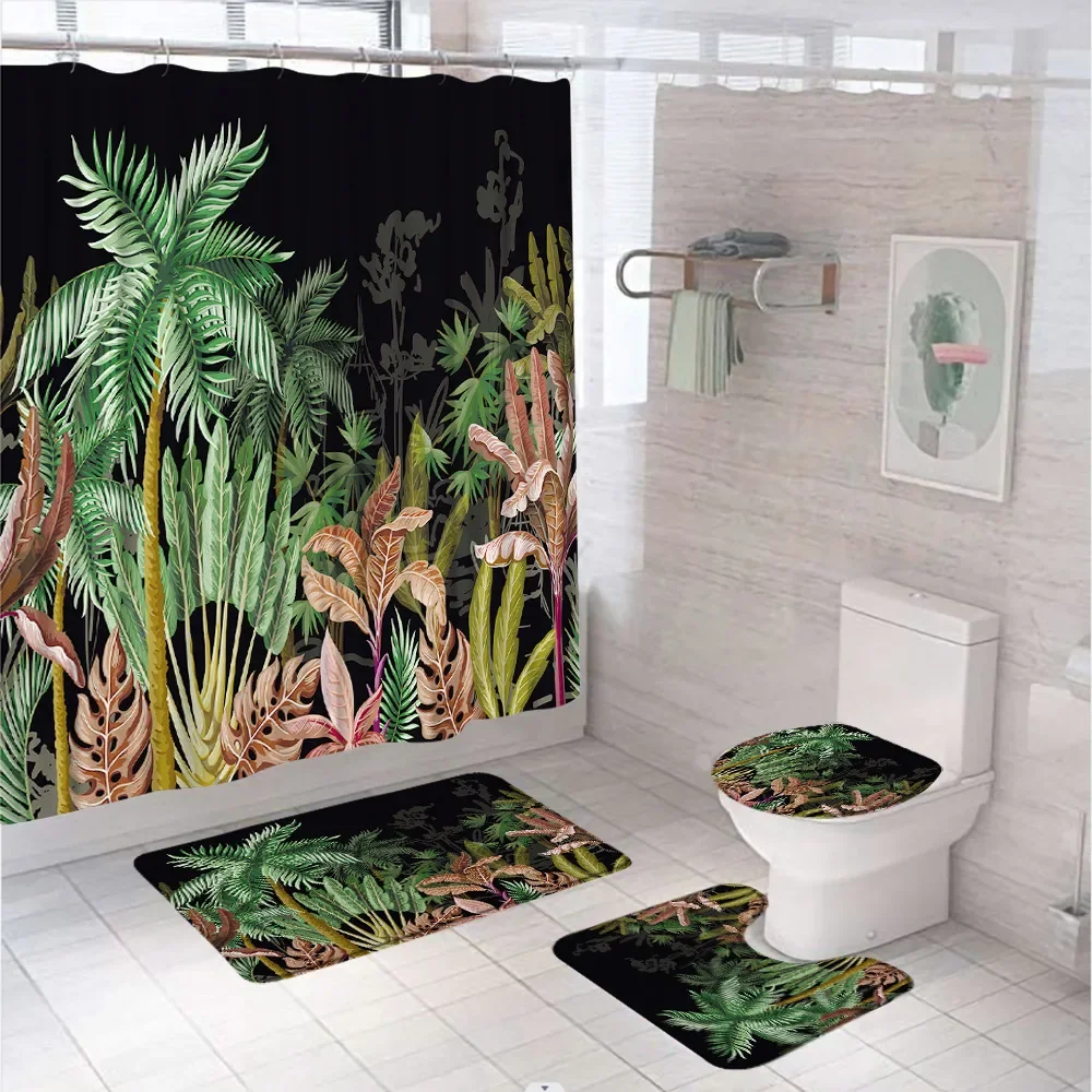 Tropical Jungle Leaves Parrot Shower Curtain Sets Animal Zebra Elephant Flamingo Bath Mat Carpet Toilet Rugs For Bathroom Decor