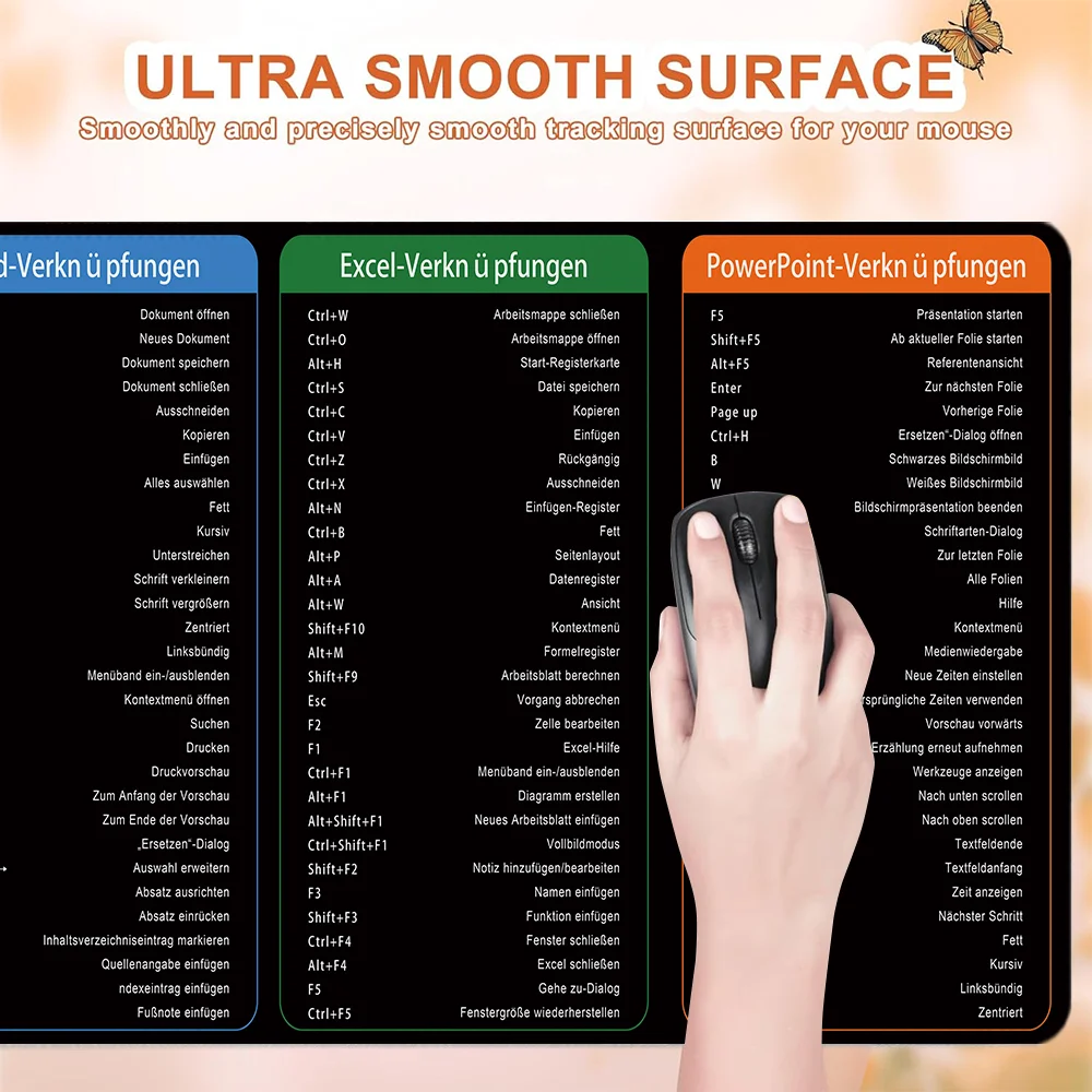 German Excel Shortcuts Pattern Large Mouse Pad Office Desk Mat Computer Keyboard Pad Starters Gift for Office Workers Students