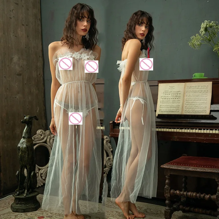 Women\'s Super Sexy Gauze Transparent Lingerie Dress Lady Nude See-through Long Babydoll Sleeveless Fliter Sleepwear Nightgown