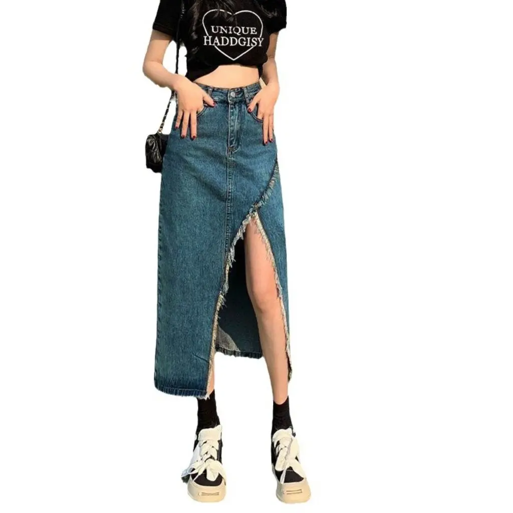 

Women's Split Design Denim Skirt Irregular Rag Long Stylish Hip Vintage Blue New Fashion