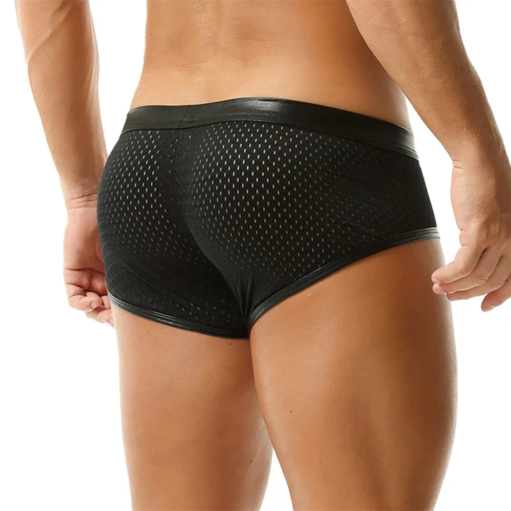 

Men's Mesh Patchwork Breathable Briefs Bulge Pouch Jockstrap Boxers Shorts Faux Leather Sexy Underwear Trunks Low Rise Panties