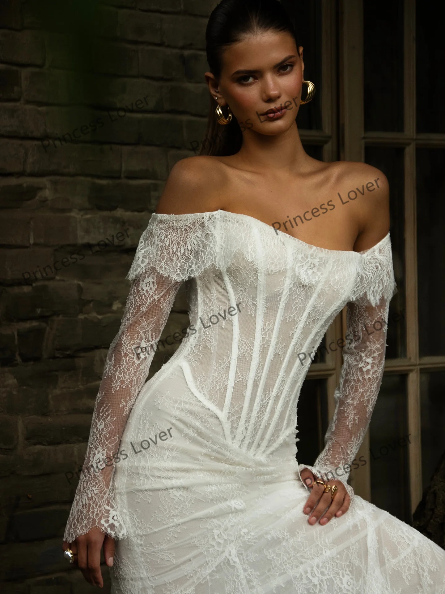 Zeemeermin trouwjurken off-shoulder kanten korset vestido de novia lange mouwen op maat gemaakte robe de soirée