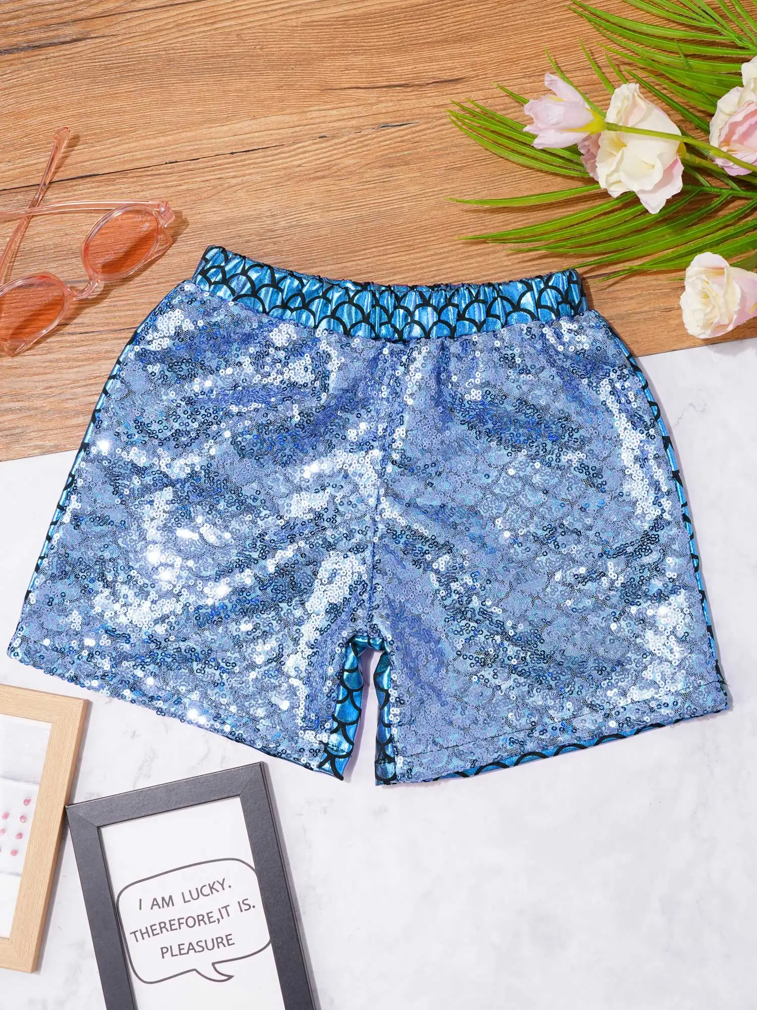 Pantaloncini da bambina per bambini, scaglie di pesce, paillettes scintillanti, metallizzati, hip-hop, danza jazz, costume da performance, pantaloni corti con elastico in vita