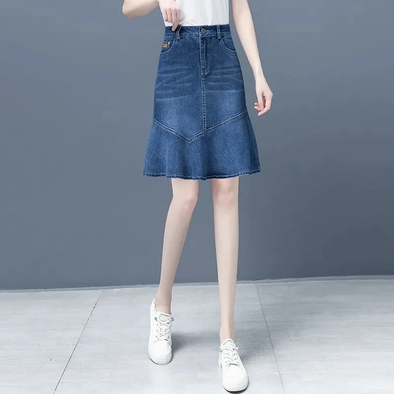 Denim Skirt For Women Spring Summer High-waisted Ruffle A-line Jeans Skirt Ladies Package Hips Fishtail Mini Denim Skirts