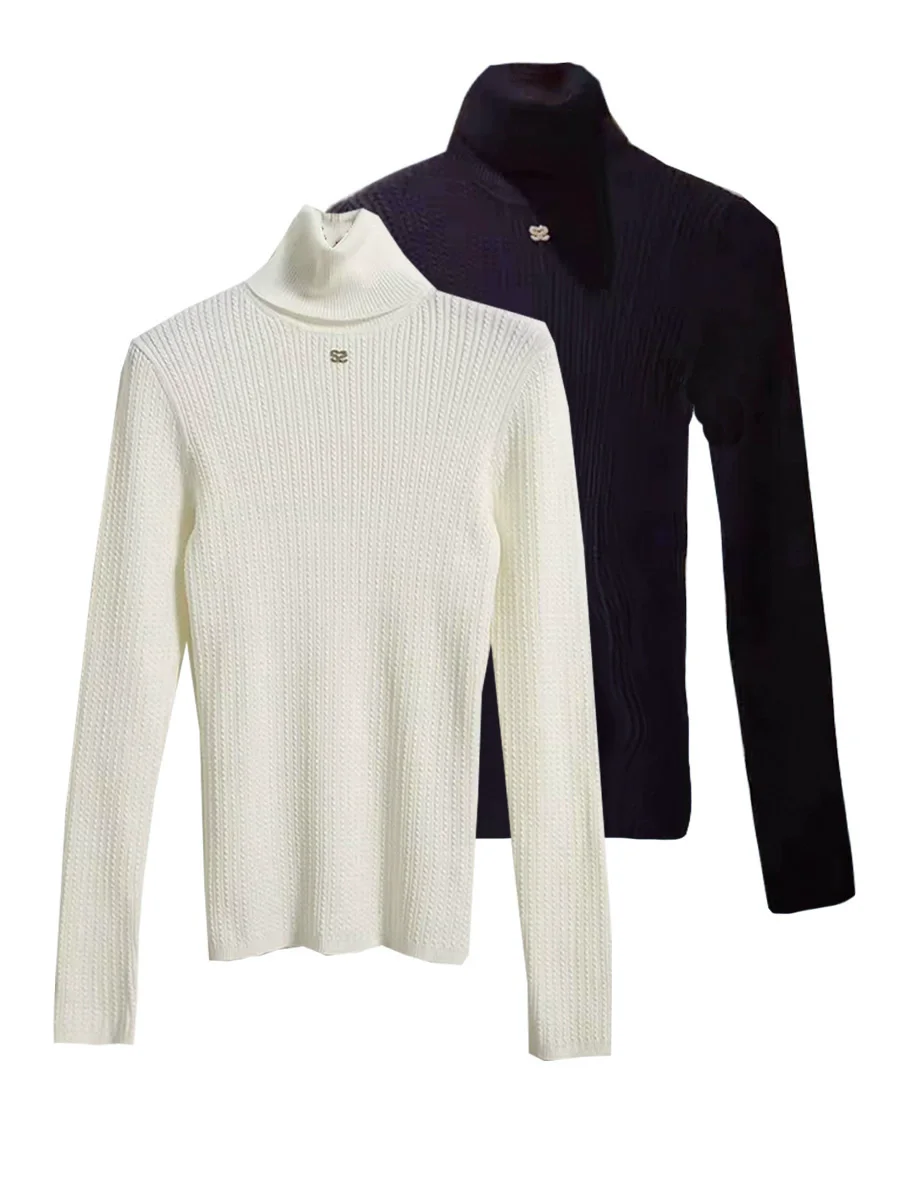 Women Ribbed Sweater Slim Turtleneck White or Black Fashion Spring Autumn Lady Long Sleeve Pullover