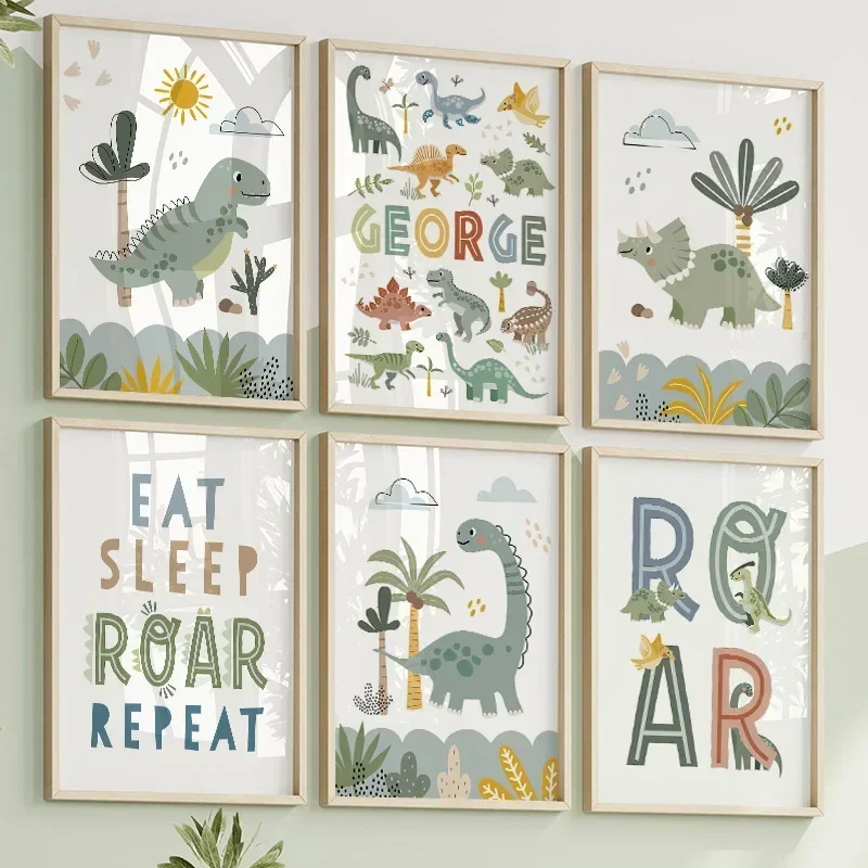 Cute Dinosaur T-Rex Brachiosaurus Nursery Wall Art Canvas Painting Nordic Dino Posters And Prints Pictures Baby Kids Room Dec