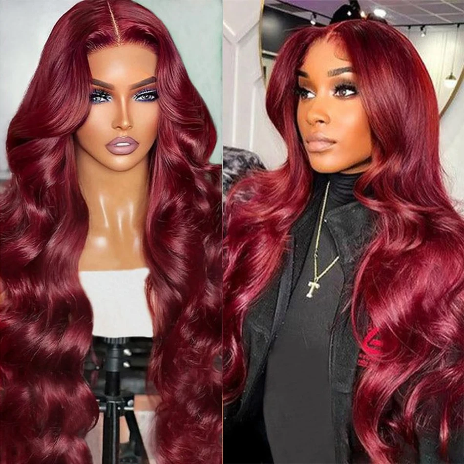 

13x4 99J Burgundy Body Wave Wig 200% 13x6 Transparent Lace Front Human Hair Remy Brazilian Pre Plucked Wavy Curly Wigs For Women