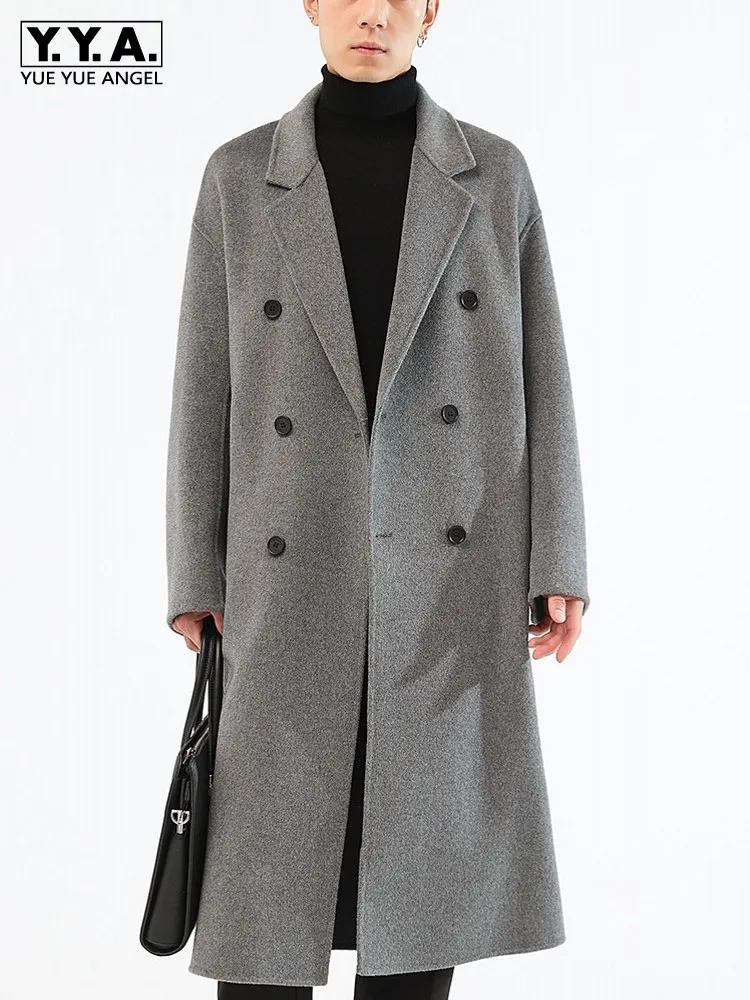 Autumn Winter Mens Double Breasted 100% Wool Long Coat Double Sided Woolen Business Work Windbreaker Trench British Style Coats
