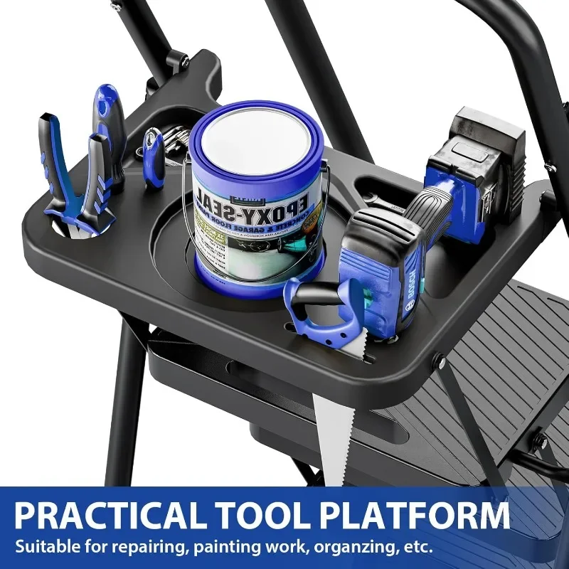 5 Step Folding Steel Ladder - 500 lbs Capacity, Safe-Lock Design - Tool Platform & Handrail