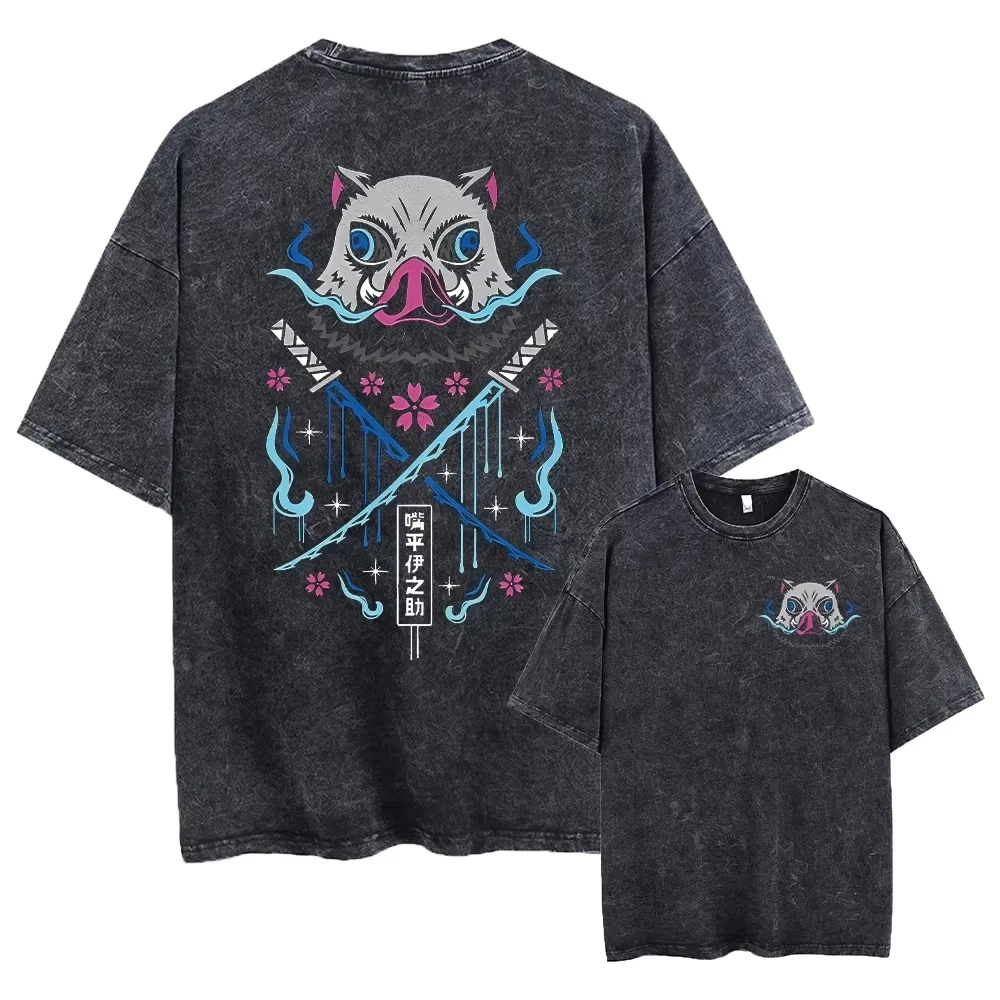 

Men's hip-hop T-shirt vintage street clothing vintage washed anime pattern Harajuku cotton casual short sleeved