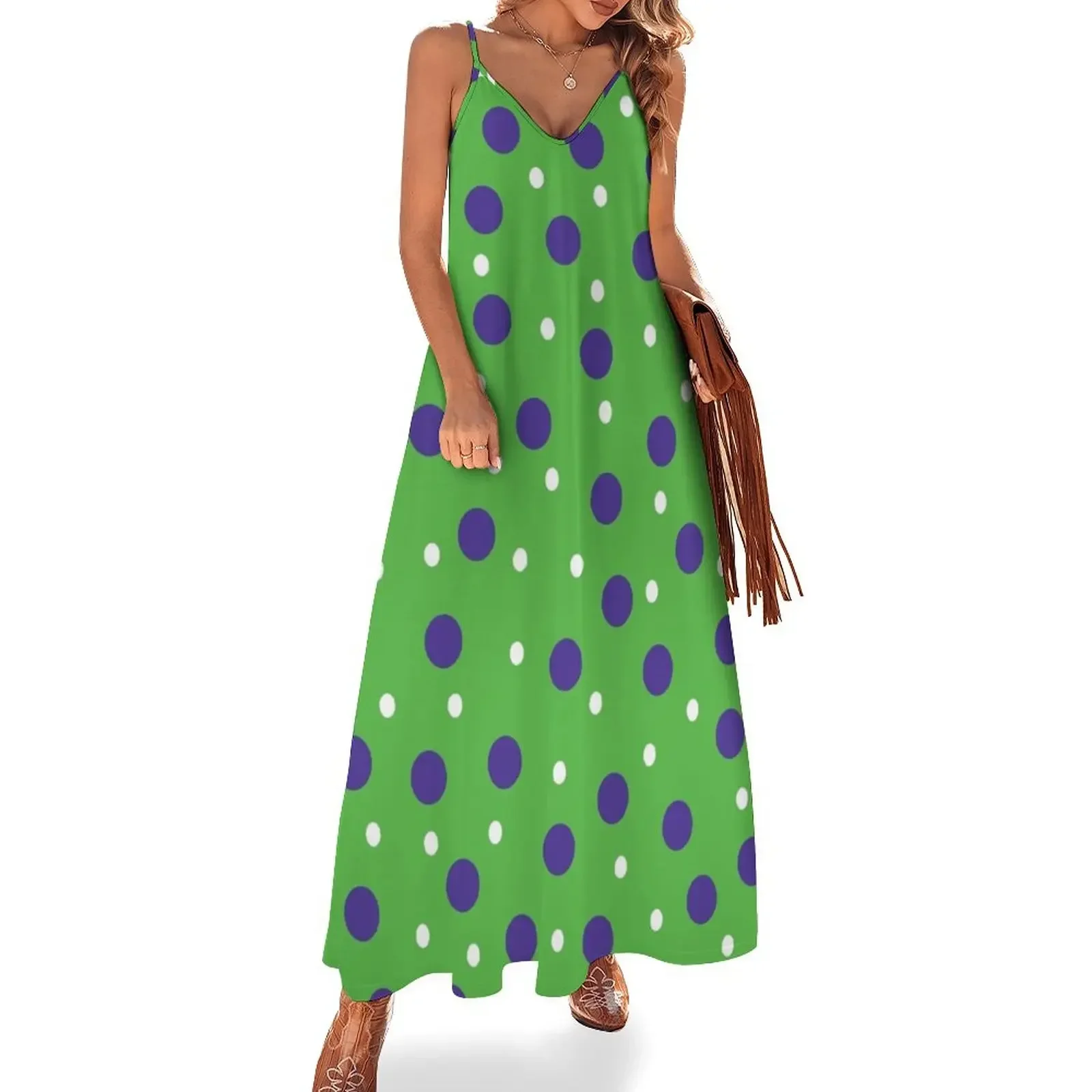 

Lime Green Patern with Purple and White Polka Dots Sleeveless Dress summer dress summer women's dress 2024