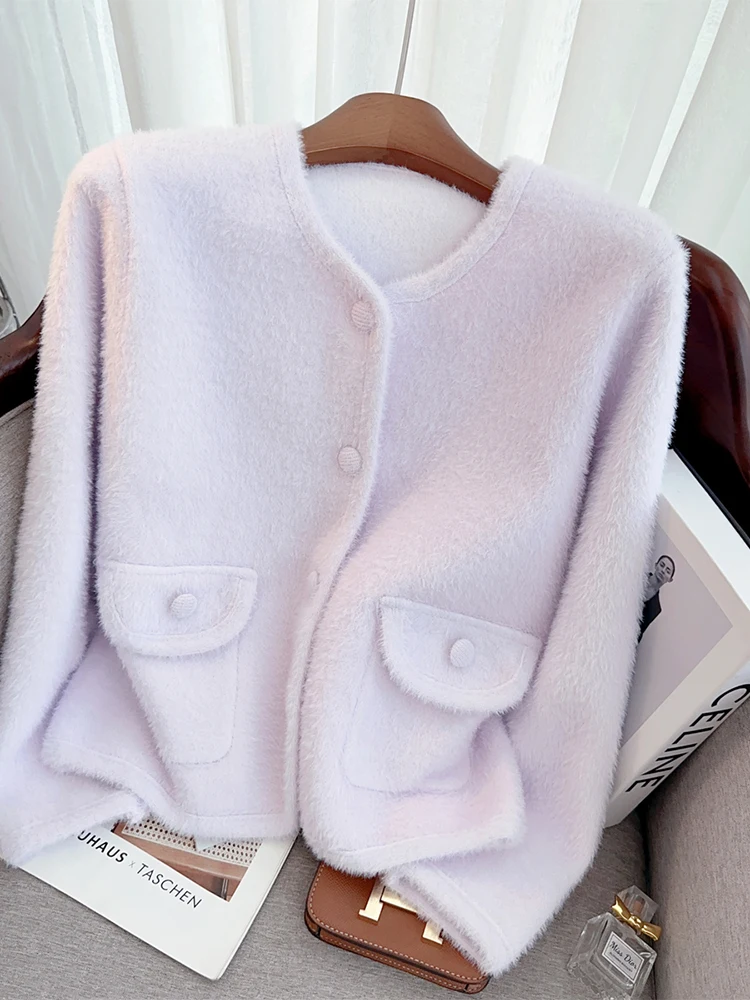 Women\'s Pink Cardigan Sweater Harajuku Y2k Solid Color Long Sleeves O-Neck Knit Cashmere Sweaters Vintage 2000s Clothes Autumn