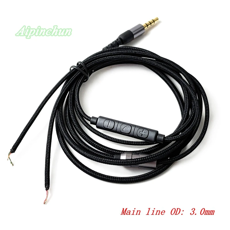 Conector de 4 polos de 3,5mm, Cable de reparación de auriculares DIY, Cable de alambre de tela de nailon con micrófono, OD de 3,0mm grueso, negro