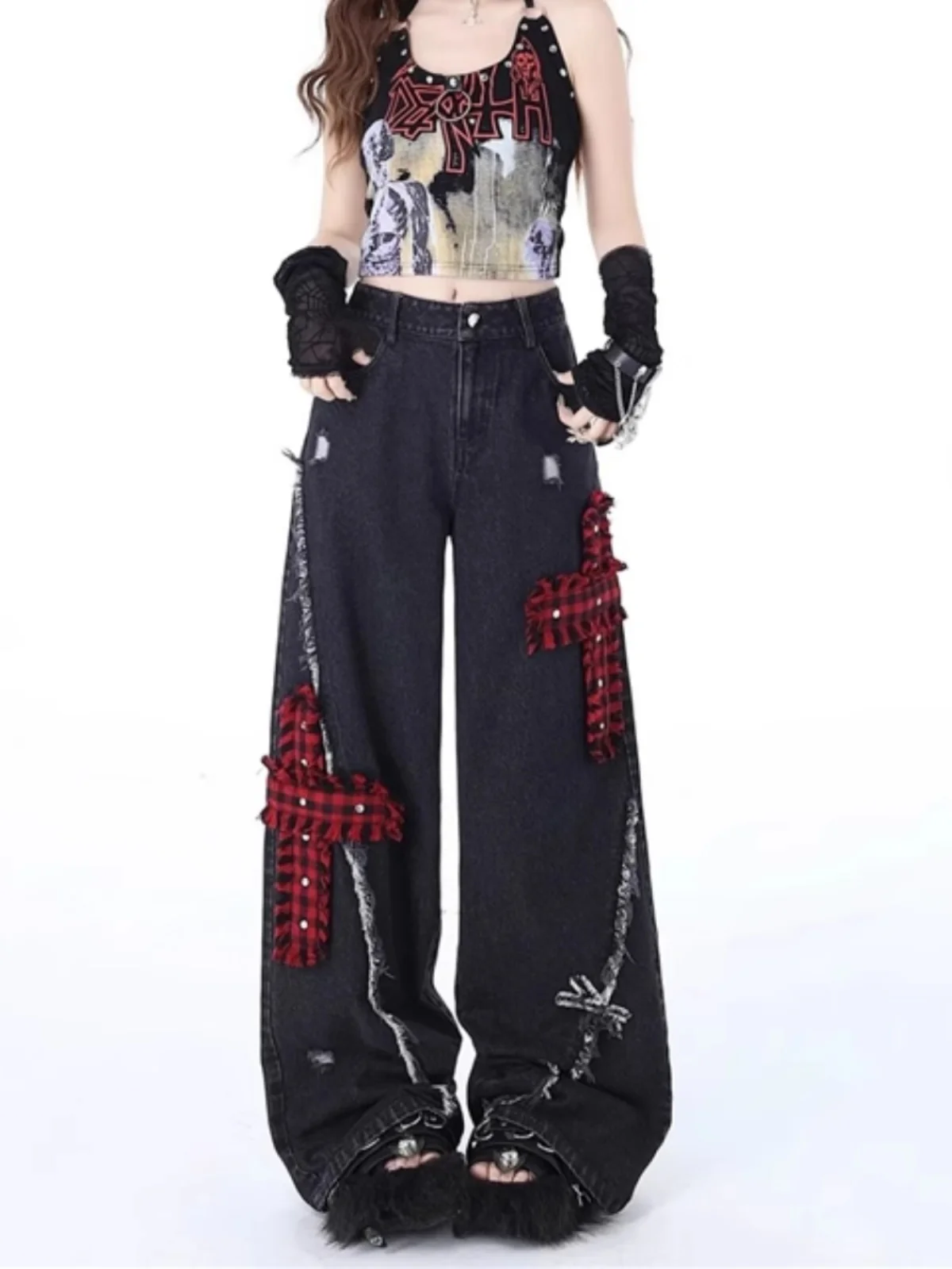 

Ретро-джинсы в американском стиле с красной клеткой и заплатками, женские, свободного кроя, прямые, широкие, в пол, в стиле High Street