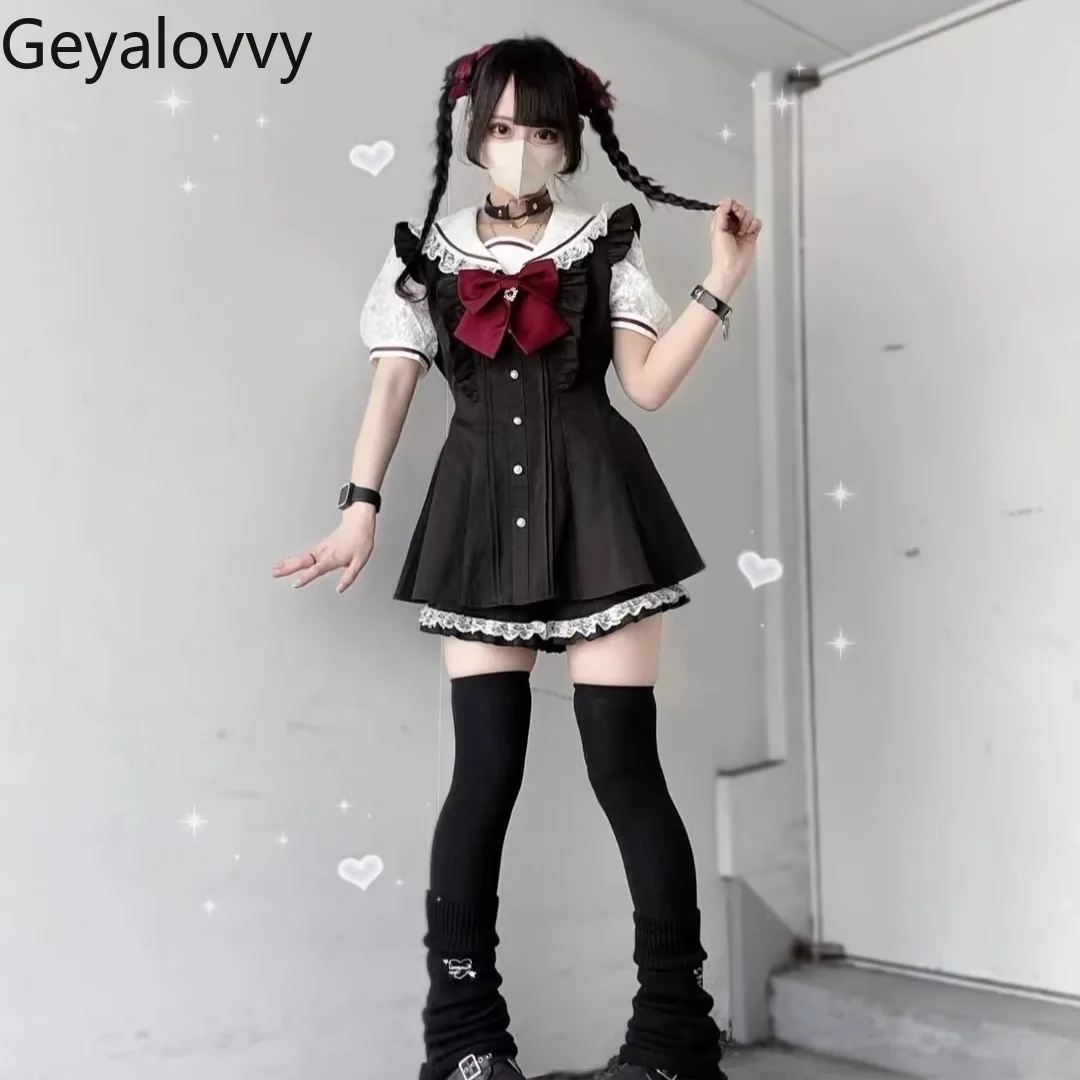 

Japanese Sc Two Piece Set Summer New Navy Collar Bow Lace Top Splicing Slim Shirt and Shorts Mine Series Mass Production Suit