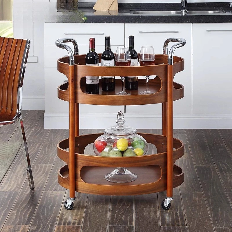 Solid wood trolley mobile storage rack kitchen tea cart retro home living room