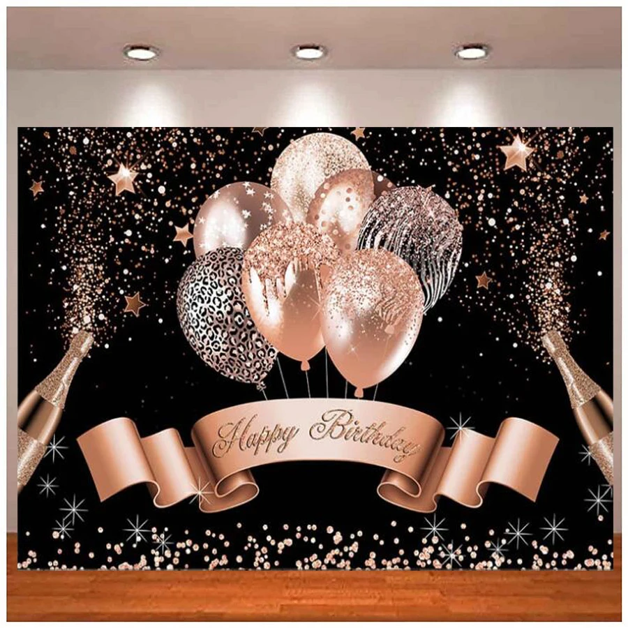 Photography Backdrop For Girls Women Birthday Party Decor Tracing Black Pink Rose Gold Glitter Bouquet Balloon Background Banner