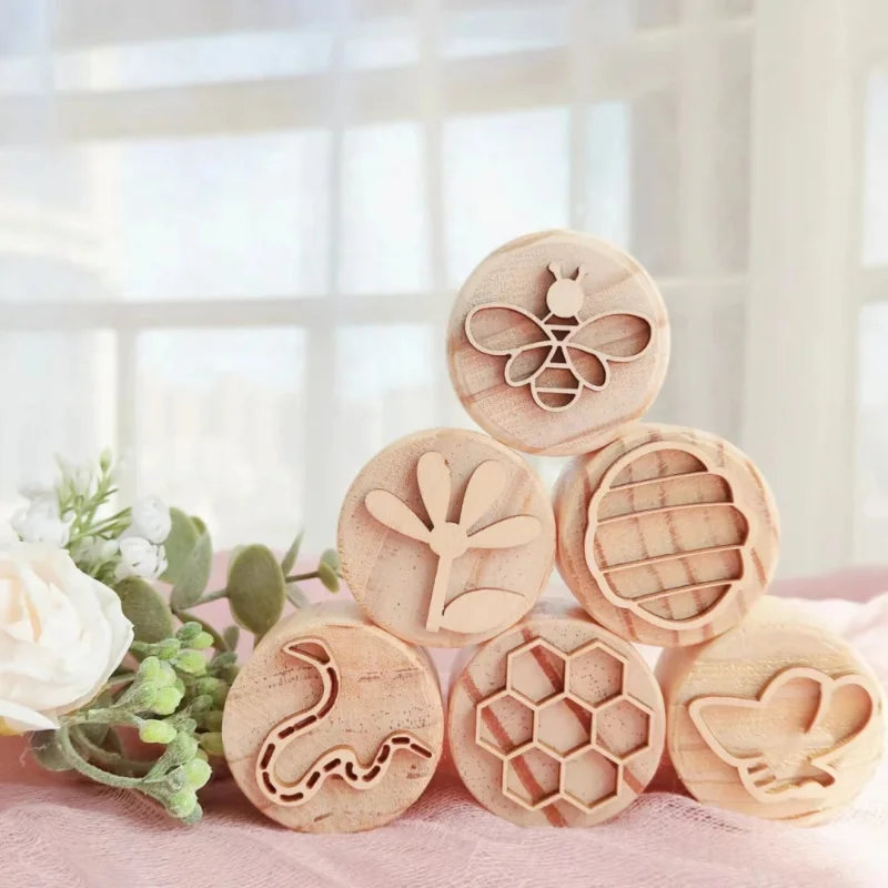 6pcs/set Wooden Montessori Play Dough Stamps Open Ended Play Toys with Kids Handmade Stamps Early Educational Game for Children