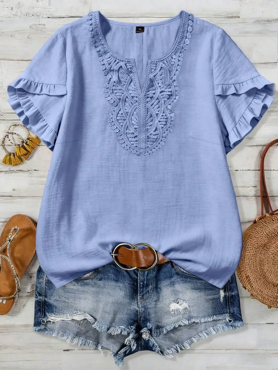 

Womens Plus Size Woven Casual Summer Boho Blouse With Lace Embroidery And Ruffle Sleeves