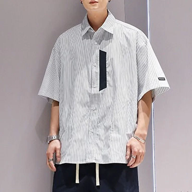 2024 New Summer Handsome and Fashionable Men's Polo Collar Stripe Print Loose and Versatile Middle Sleeve Shirt for Men