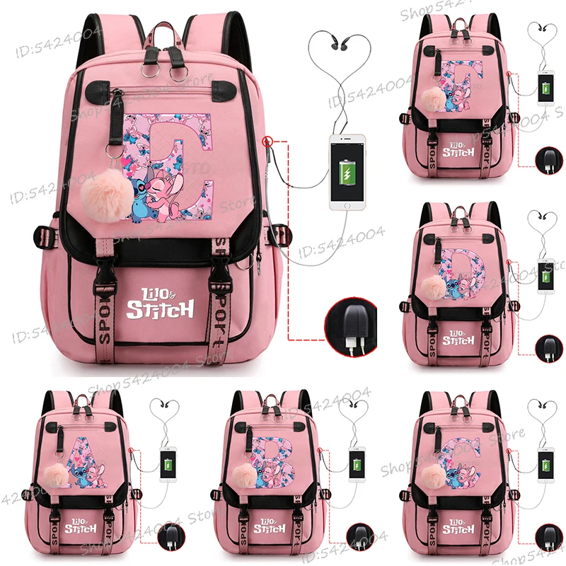 

Cute Stitch Letter A-Z Backpack Teenager Girl USB Charging Laptop Bag Students School Bookbag Disney Stitch Women Travel Bagpack