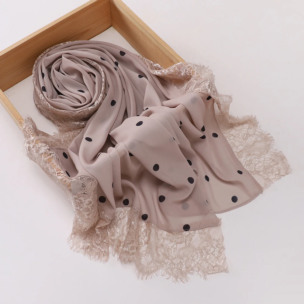 Eleganter Polka-Dot-Hijab, leichter Spitzen-Schal, Chiffon-Kopftuch, verziertes Kopftuch, klassischer Gebets-Hijab, langer Schal – Detail 5