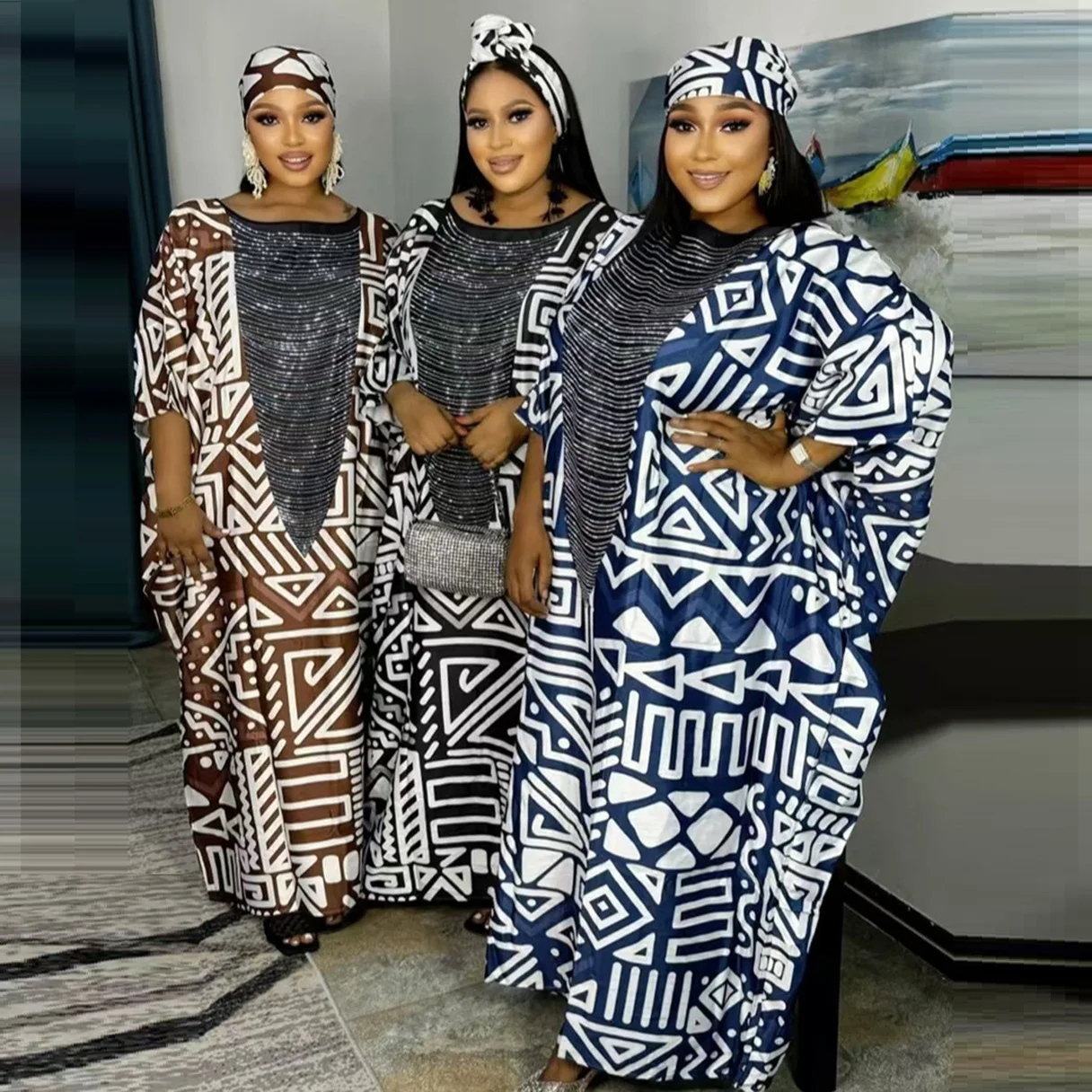 2025 موضة الساخن الماس جيب الثقيلة الزينة الشرق الأوسط فضفاض الأفريقي طباعة المرأة أحدث فستان مسلم طباعة المرأة