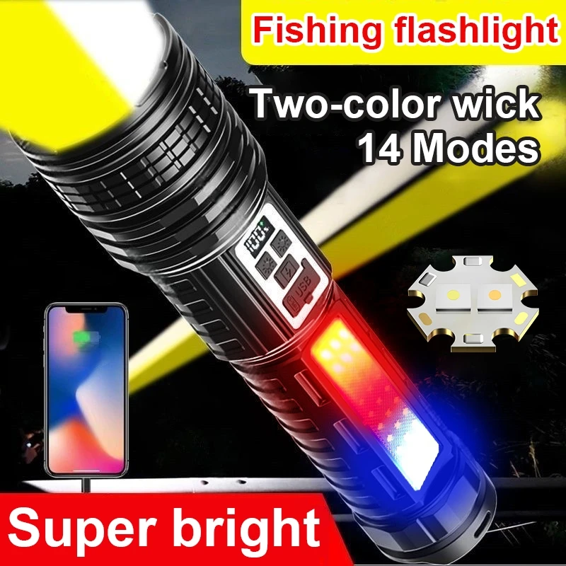 

High Power Rechargeable Led Flashlight Super Big Flashlights 14 Modes with COB Multi-functional High-lumen Torch Outdoor Fishing