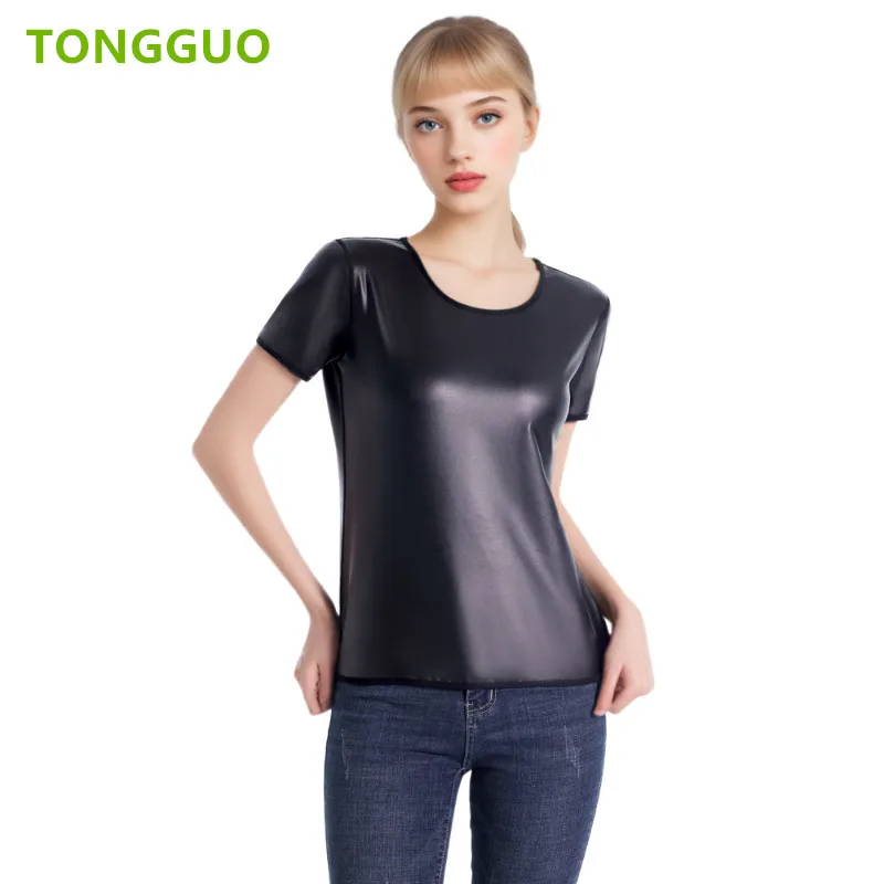 

Крутая женская мотоциклетная облегающая футболка из искусственной кожи с короткими рукавами, топ, формирователь талии, тонкая футболка, модная тонкая корректирующая одежда