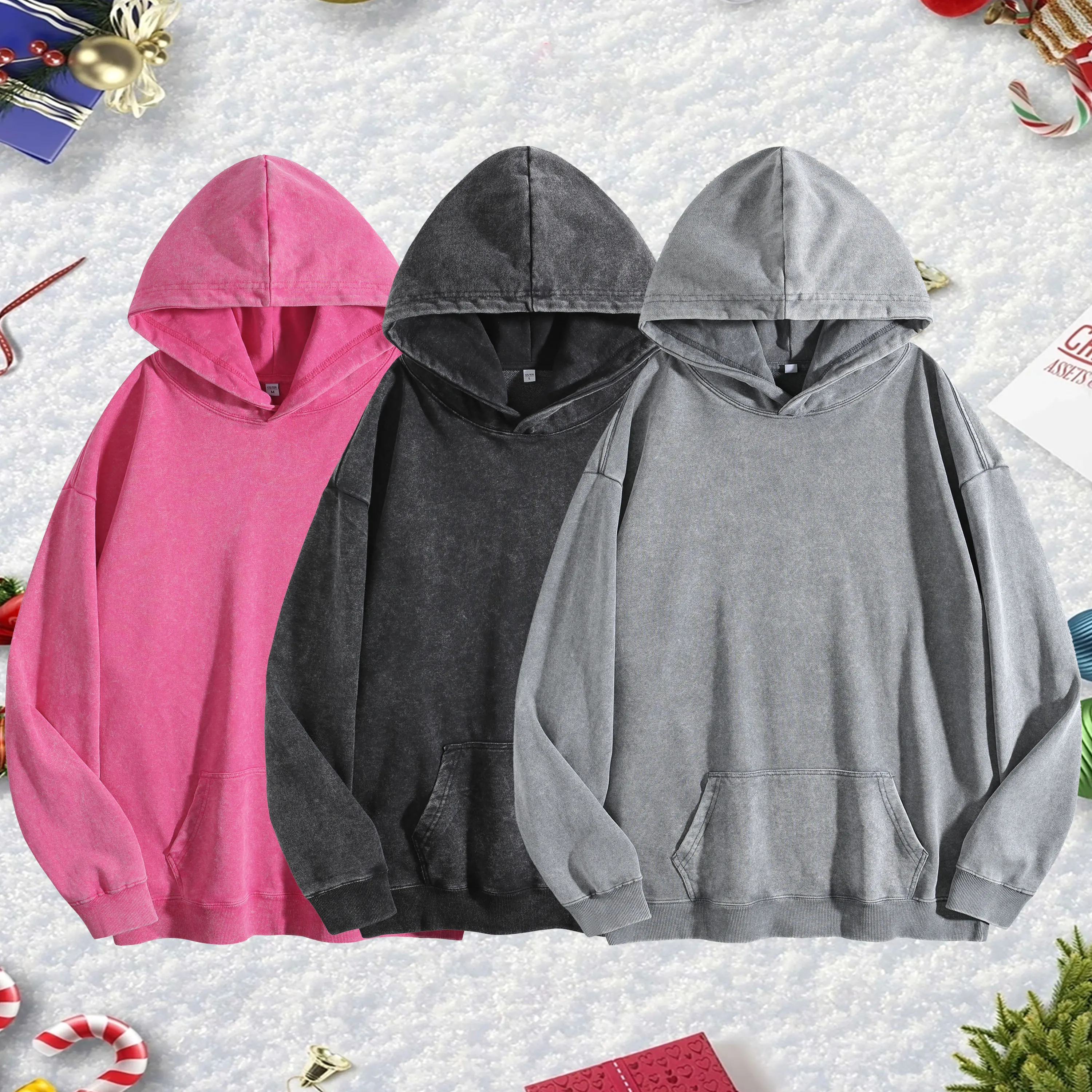 

3Pc 400G Heavyweight Vintage Washed Hoodie for Unisex, Warm Fleece Pullover, Casual Streetwear for Fall Winter Xmas New Year