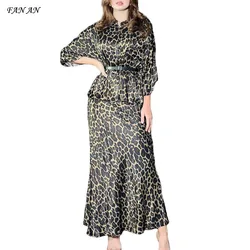 Women's Autumn Hot Selling New Fashion Leopard Print Long-sleeved Shirt Top Skirt Long Skirt Suit Women's Skirt Two-piece Set