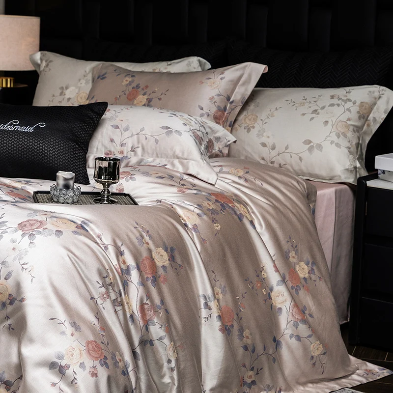 

600TC Lyocell Cotton Flowers Jacquard Soft Silky Bedding Set Queen King Size Duvet Cover Bed Sheet/Fitted Sheet Pillowcases 4Pcs