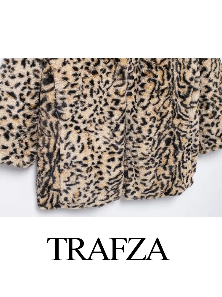 TRAFZA Female Leopard Turn Down Collar Single Breasted Long Sleeve Jacket Winter Women's Warm Faux Fur Effect Long Coat Mujer