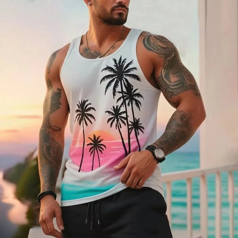 3D Printed Coconut Tree Tank Tops For Man Colorful Sunset Pattern Tees Summer Casual Fashion Vest Loose Sports Street Tank Top