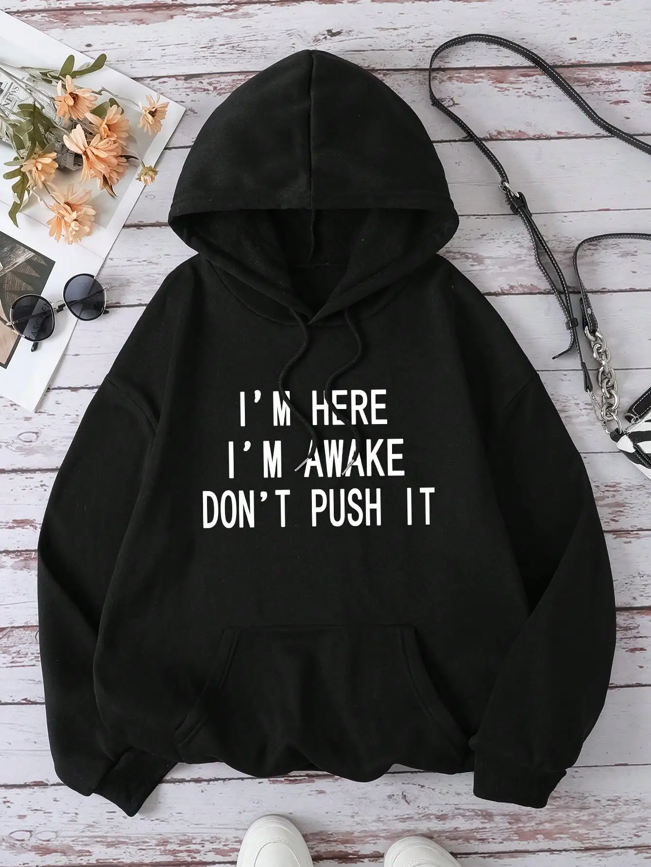 2025, Herbst-Winter-Thermo-Hoodie mit INAWLY-Slogan und grafischem Taschen-Kordelzug „I'M HERE I'M AWAKE DON'T PUSH IT“-Langarm-Oberteile