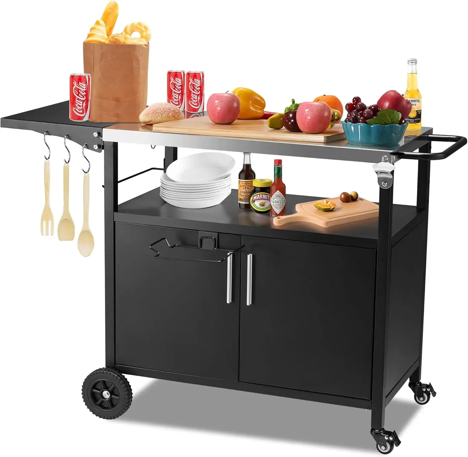 Outdoor Grill Cart, Pizza Oven Stand Table with Stainless Steel Top Movable Kitchen Cooking Prep Table BBQ Cart Kitchen Prep