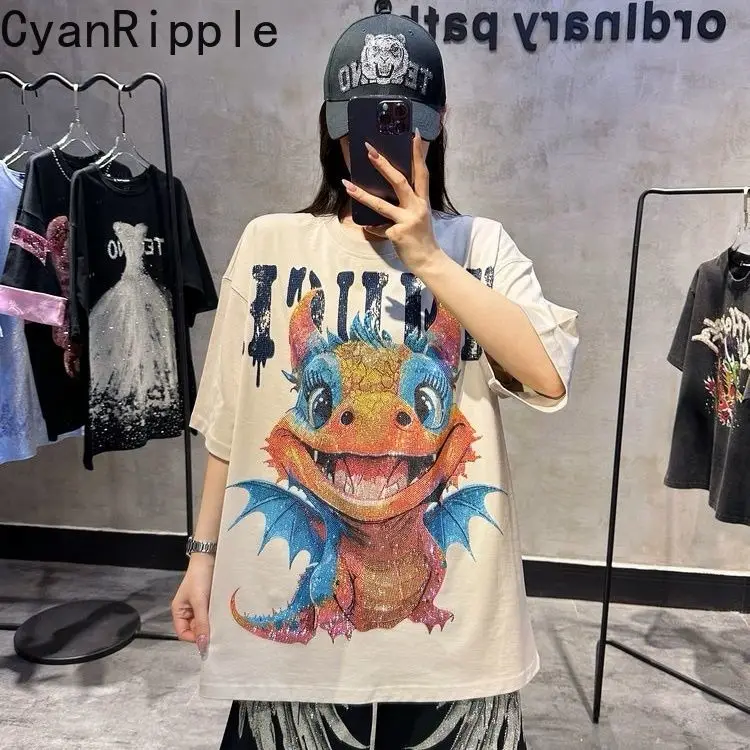 

Fashionable New Spring Summer Loose Women T-shirt Round Neck Pullover Top Luxury Cartoon Hot Diamonds Streetwear Cotton Tees