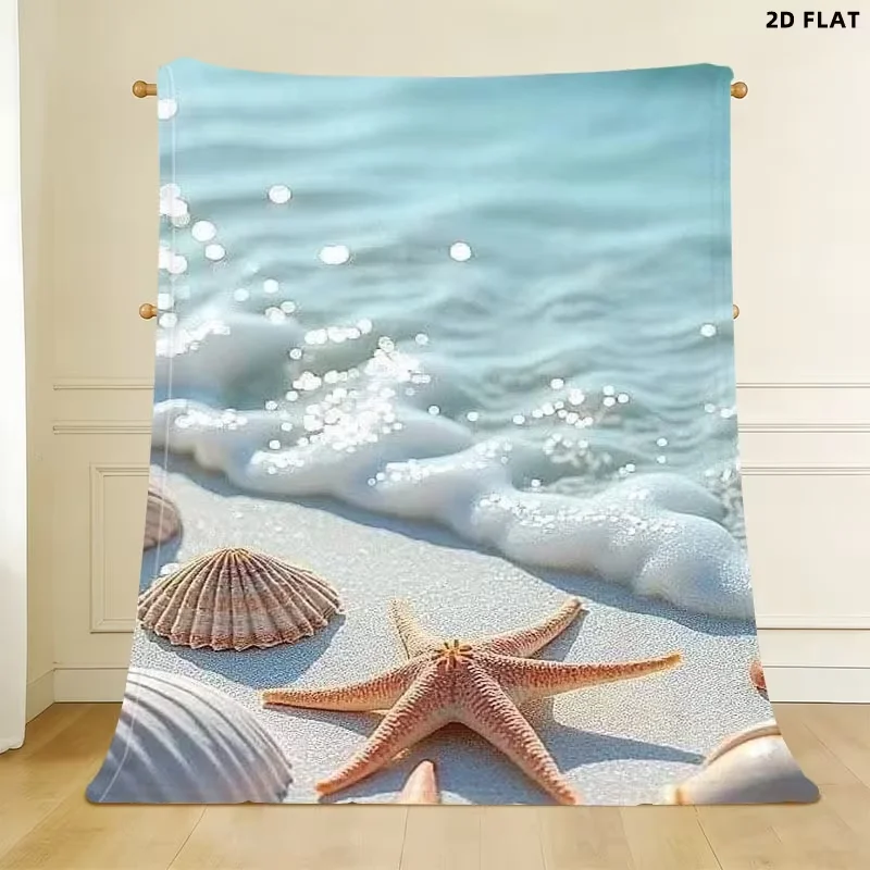 Beach Starfish Seashell Blanket Ocean Seaside Wave Print Soft Blanket for Sofa Bed Couch Bedroom Nautical Home Decor