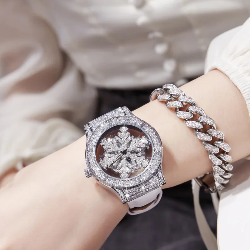 UTHAI BK120 Rotating Snowflake Hollowed Out Full Diamond Women\'s Watch Light Luxury Luck Full Sky Star Waterproof Quartz Watch