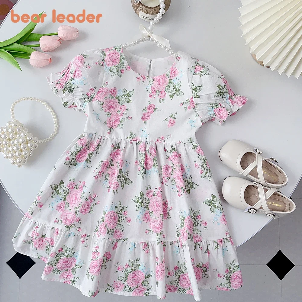 Bear Leader Girl Princess Flower Dress Puff Sleeve Toddler Summer Flower Tutu Mesh Vestido Party Pageant Birthday Baby Clothes