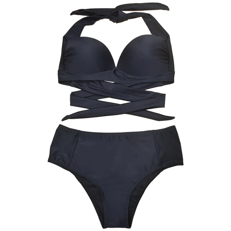 Ladies separate solid color gather bikini hard cup swimsuit two-piece set of bikini swimsuit