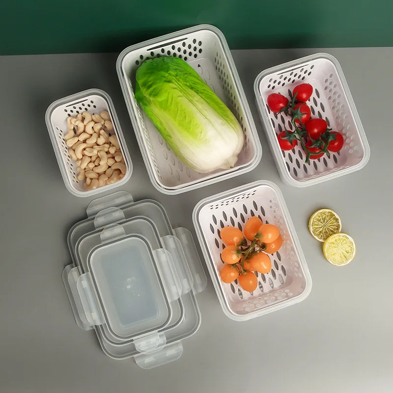 

Plastic food storage fresh-keeping box Three-piece household vegetable and fruit drain fresh-keeping box