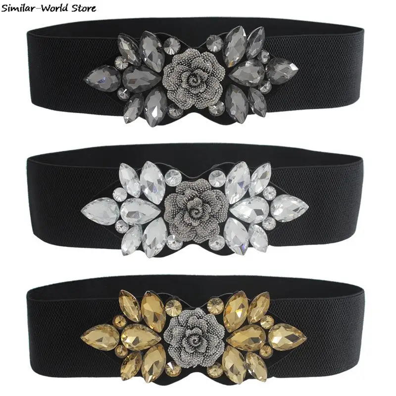 Female Rose Flower Rhinestone Elastic Waistband Women Waist Cinch Band Dress Overcoat Clothing Accessories