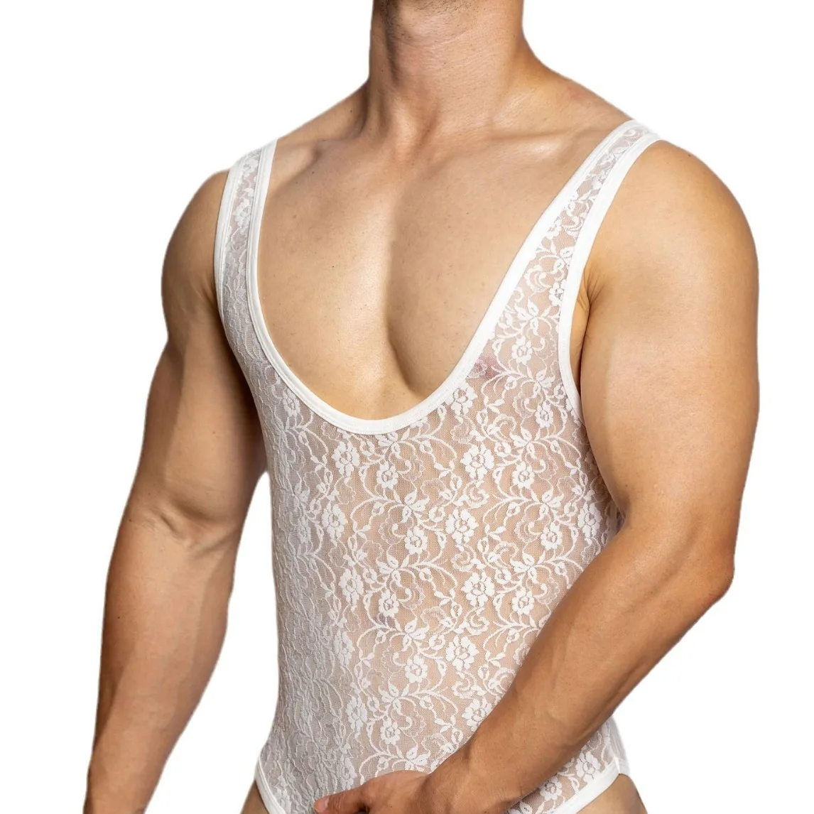 Men's Lace Shapewear Jumpsuit Hot Transparent Breathable Mesh Triangle Pants Male Seductive Suspender Vest