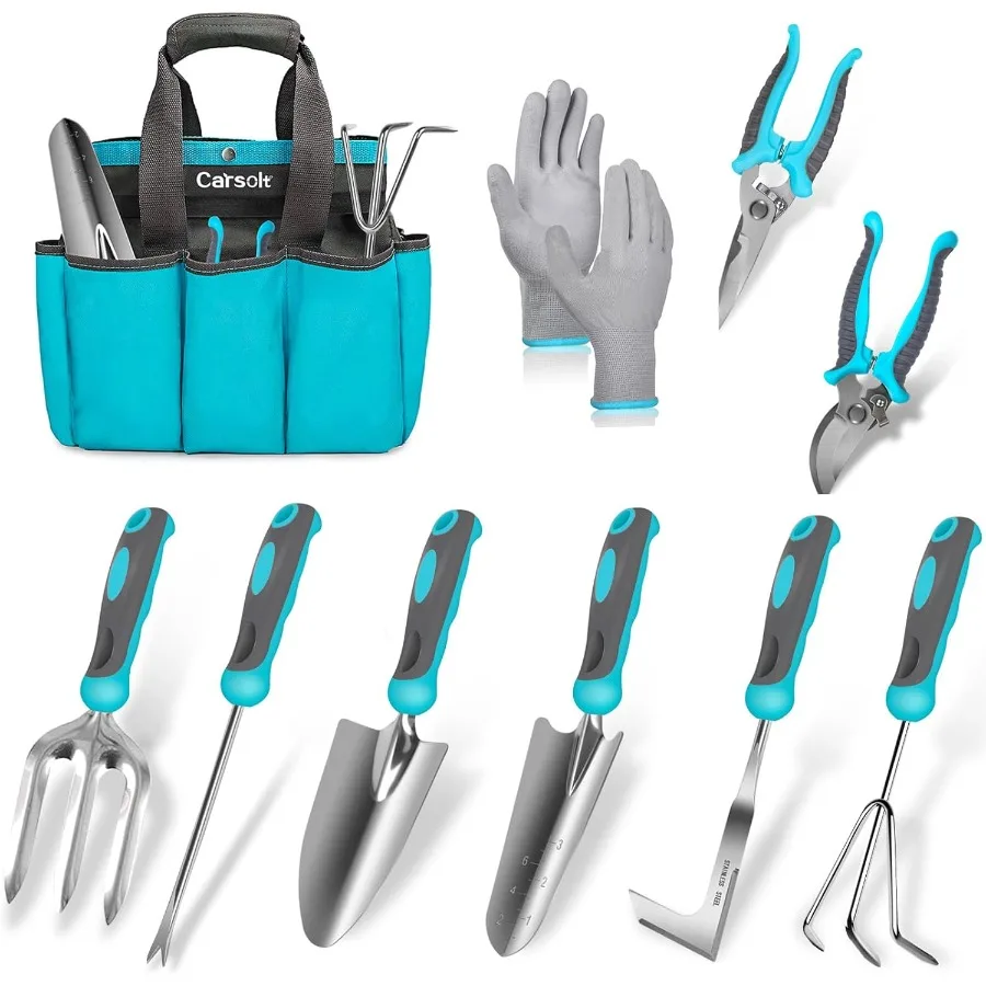 

10 Piece Heavy Duty Stainless Steel Garden Tools Set with Ergonomic Rubber Handle for Efficient Planting and Soil Maintenance D