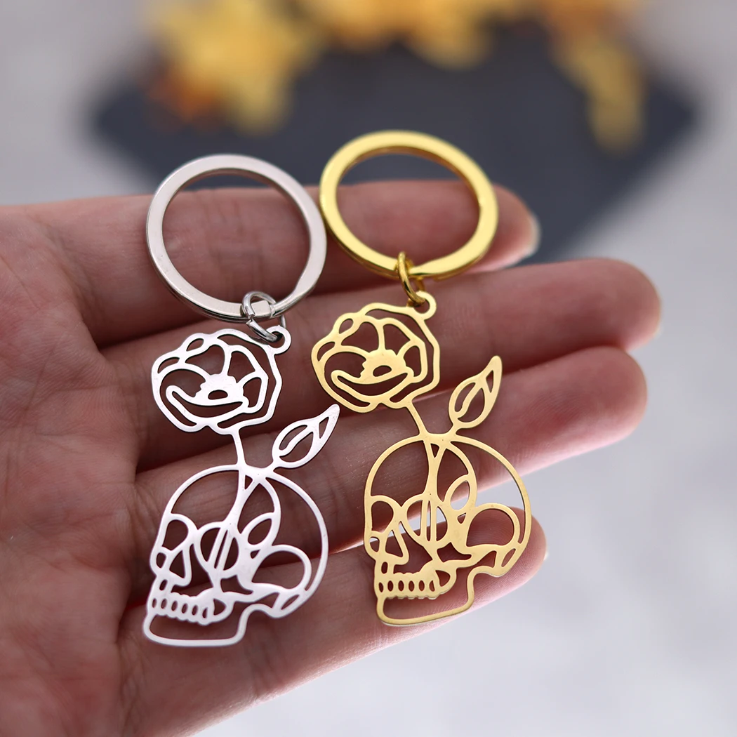 QIMING Punk Skull Skeleton Flower Keychains Women Stainless Steel Gothic Jewelry Key Rings Men Party Gift