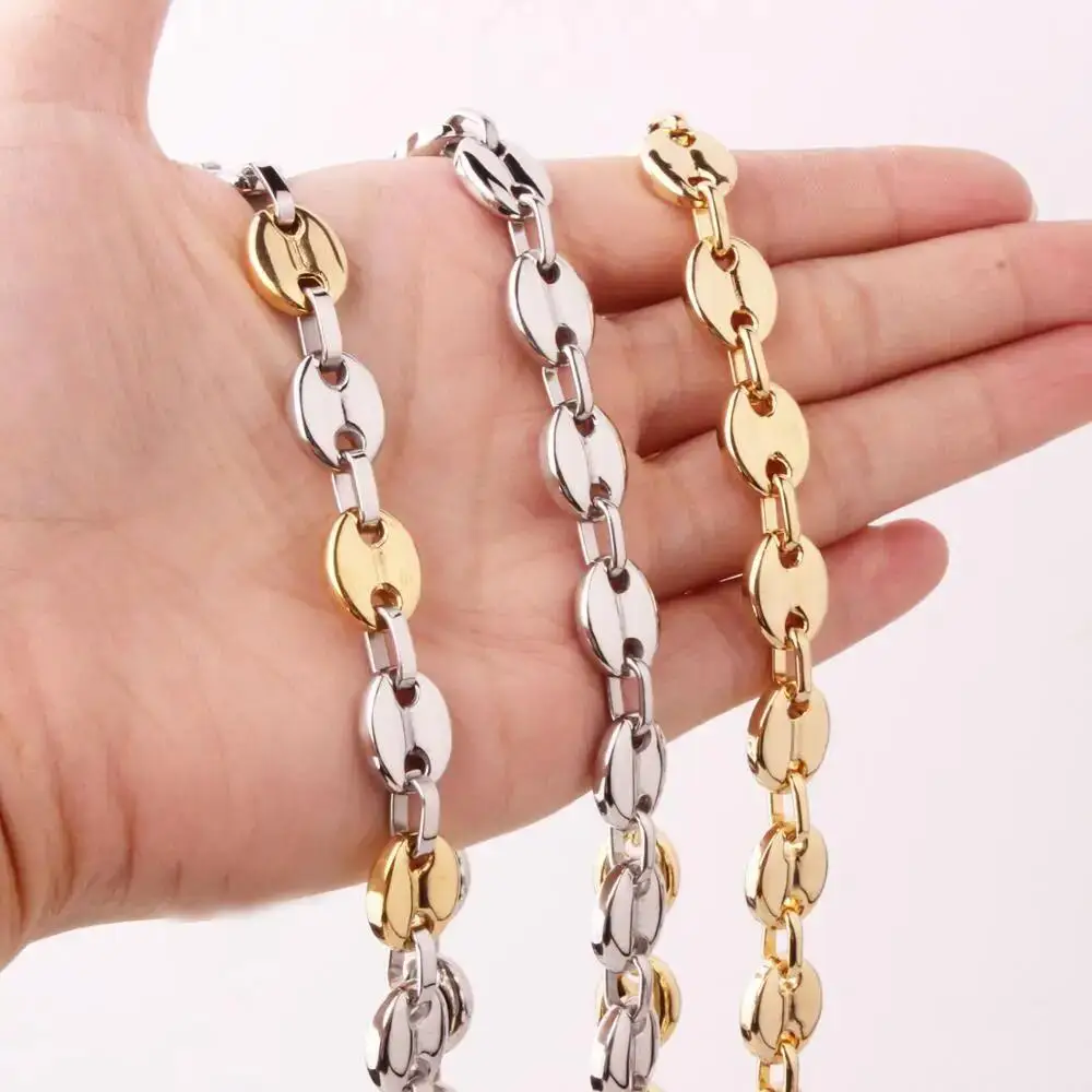 Punk Men Women Boys Gold Color 316L Stainless Steel Coffee Bean Beads Chain Necklace Choker Jewelry Gift 7/9/11mm 7-40inch