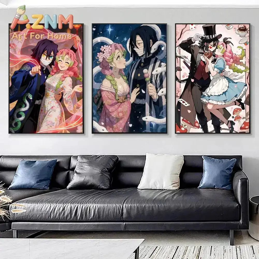 AZNM Demon Slayer Mitsuri Kanroji & Obanai Iguro Anime Canvas Wall Art Frameless Print Poster for Home Bedroom Living Room Wall